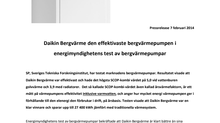 Daikin Bergvärme den effektivaste bergvärmepumpen i energimyndighetens test av bergvärmepumpar 
