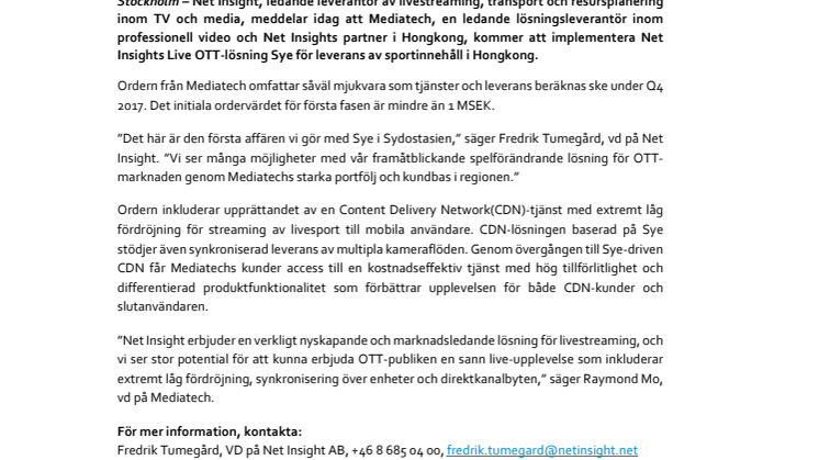 Net Insight levererar Live OTT-lösning  till Mediatech i Hongkong 