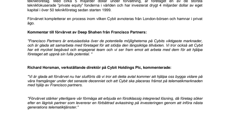 Fransisco Partners investerar i Cybit Holdings Plc