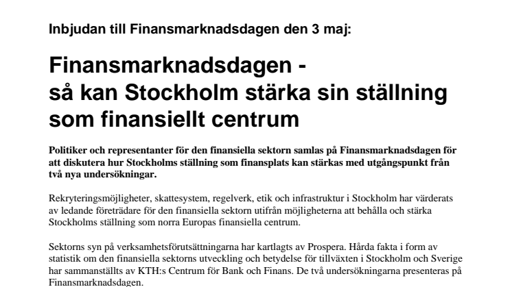 Inbjudan till Finansmarknadsdagen den 3 maj: Så kan Stockholm stärka sin ställning som finansiellt centrum