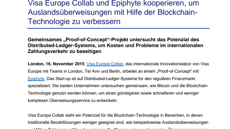 Visa Europe Collab und Epiphyte kooperieren, um Auslandsüberweisungen mit Hilfe der Blockchain-Technologie zu verbessern