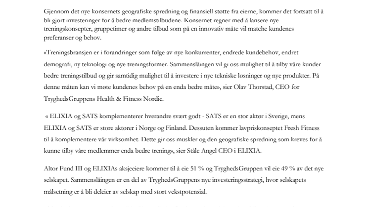 SATS, ELIXIA og Fresh Fitness skaper Nordens største helse- og treningskjede.