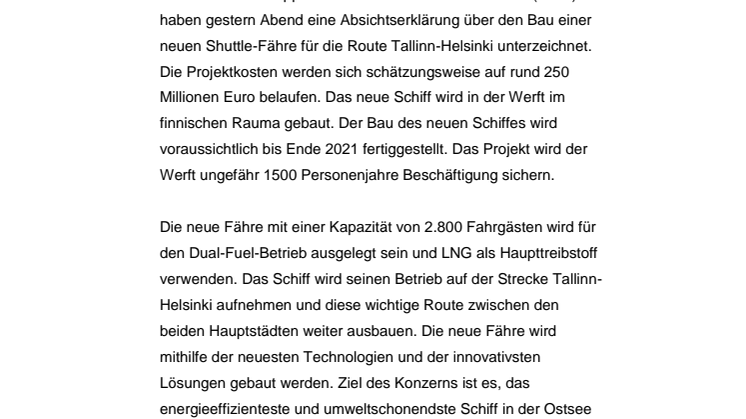 Tallink und Rauma Marine Constructions unterzeichnen Absichtserklärung über den Bau einer neuen Shuttle-Fähre
