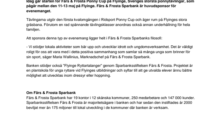 Färs & Frosta Sparbank huvudsponsor för  ponnytävlingar på Flyinge