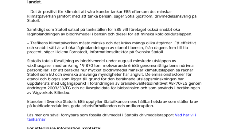 Försäljningen av E85 under augusti i nivå med förra året