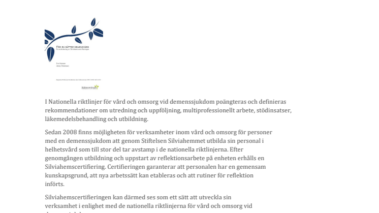 Ny rapport: För en bättre demensvård - en utvärdering av Silviahemscertifieringen