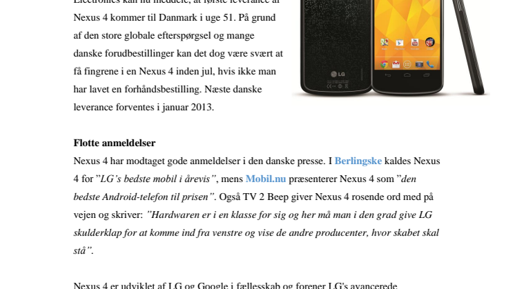 FØRSTE LEVERANCE AF NEXUS 4 TIL DANMARK I UGE 51