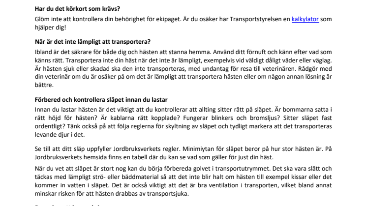 Checklista vid transport av häst