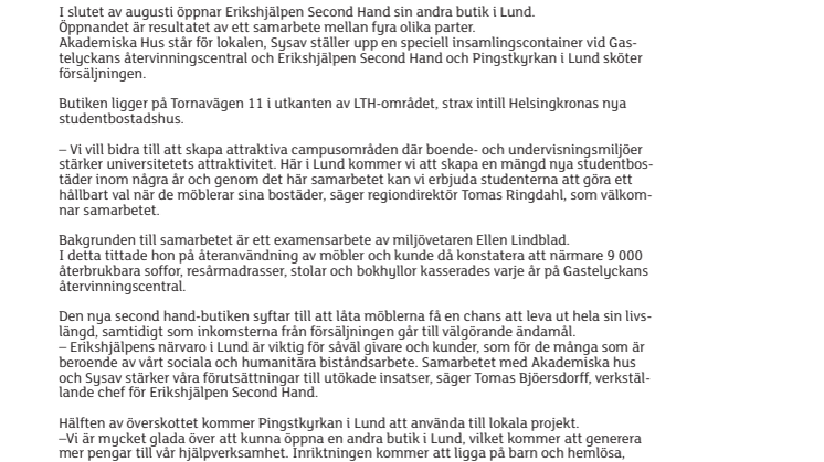 Erikshjälpen i unikt samarbetsprojekt i Lund för ökad återanvändning av möbler