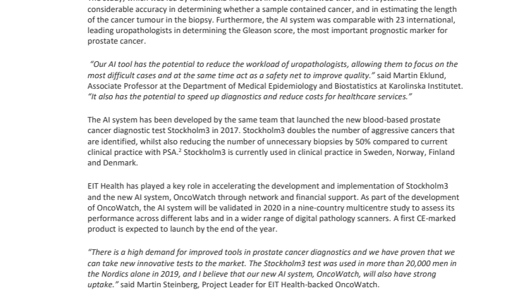 ENGLISH PR: AI system demonstrates equivalence to experts in prostate cancer diagnostics