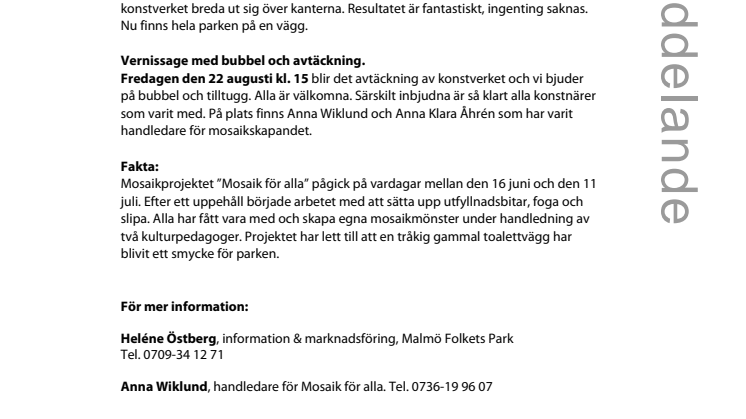 Mosaikkonstverket i Folkets Park invigs på fredag