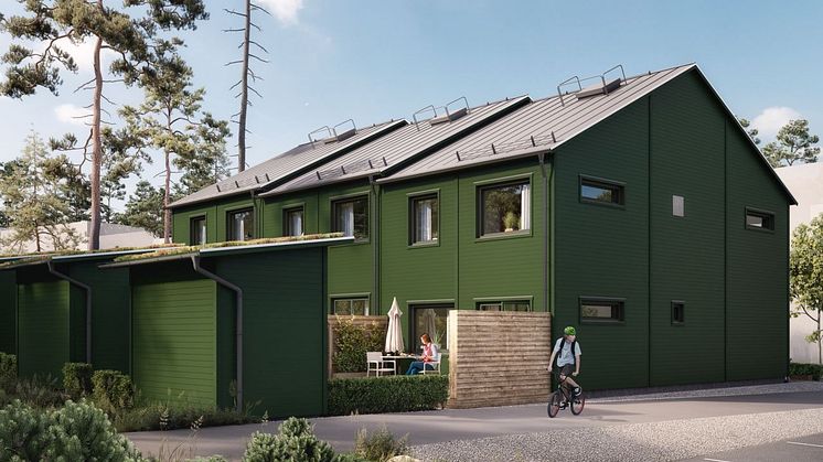 Brf Högbobäcken - 3D-bild av baksida och parkering
