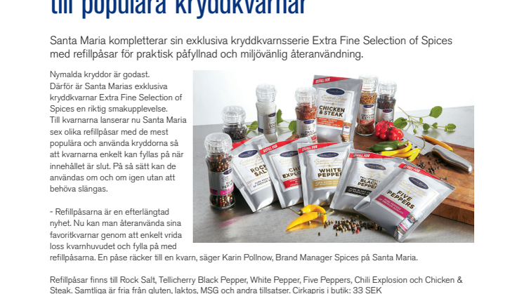 Santa Maria lanserar refillpåsar till populära kryddkvarnar 