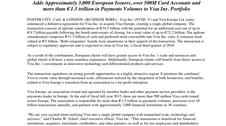 VISA Inc. to Acquire Visa Europe
