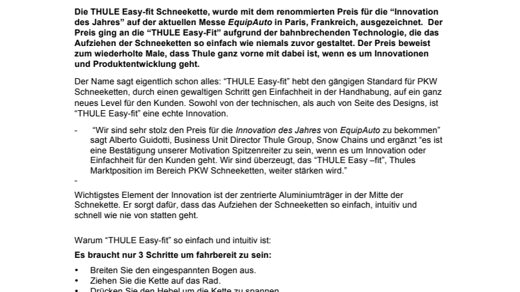 “THULE Easy-fit”, die einfachste Schneekette, die es je gab, von EquipAuto in Paris als Innovation des Jahres gekürt