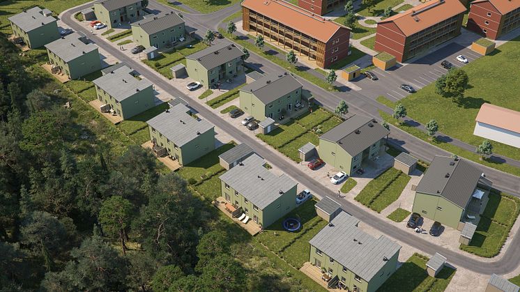 Översiktsillustration av det nya kvarteret BoKlok Hjälmen i Södra Hemlingby, Gävle. 