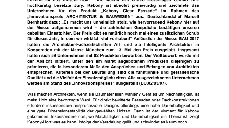 BAU 2017: Kebony wird im Rahmen des Innovationspreises ARCHITEKTUR + BAUWESEN ausgezeichnet 