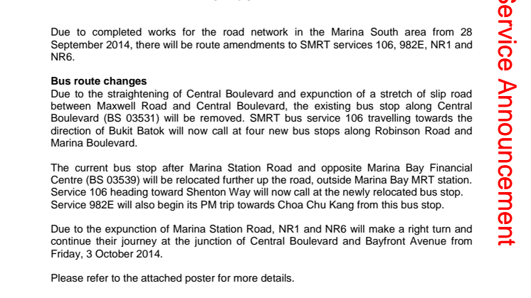 Bus Route Changes due to Completed Road Works at Marina South on 28 September 2014