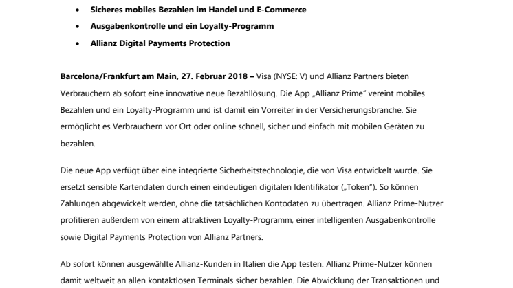 Neue Mobile Payment und Loyalty App von  Allianz und Visa