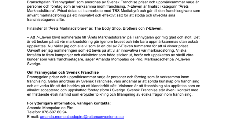 7-Eleven nominerade till ”Årets Marknadsförare” på Frannygalan