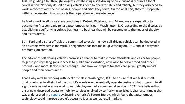 Fords selvkørende testprojekt indtager nu Washington D.C.
