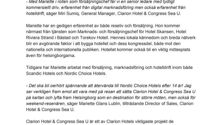 SÄLJPROFFS VÄRVAS FÖR ATT SÄTTA CLARION HOTEL SEA U PÅ KARTAN
