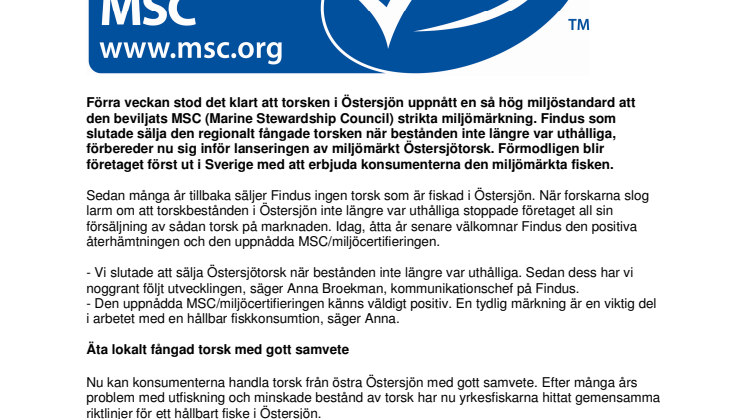 Findus välkomnar MSC/miljöcertifieringen av Östersjötorsk