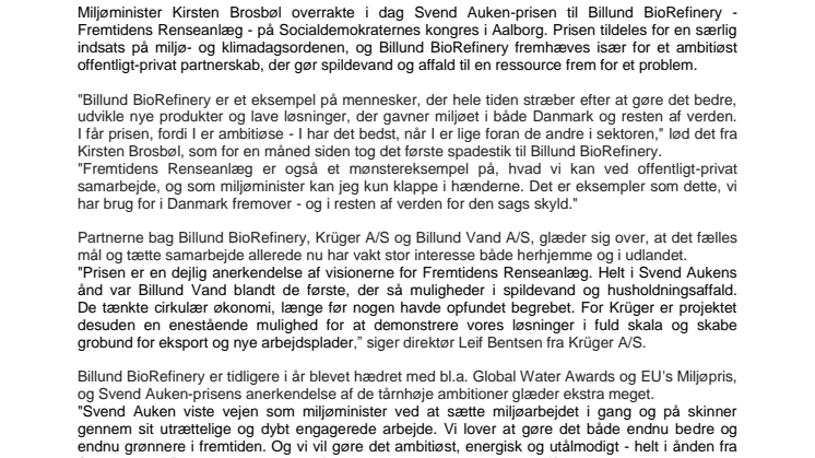 Billund BioRefinery hædret  med Svend Auken-prisen
