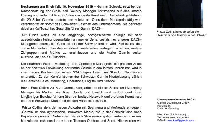 Garmin Schweiz unter neuer Führung.  Prisca Collins will starkes Momentum weiter ausbauen.