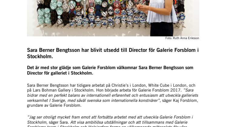 Galerie Forsblom Stockholm välkomnar Sara Berner Bengtsson som Director