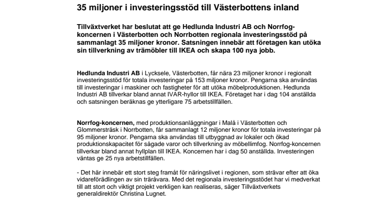 35 miljoner i investeringsstöd till Västerbottens inland