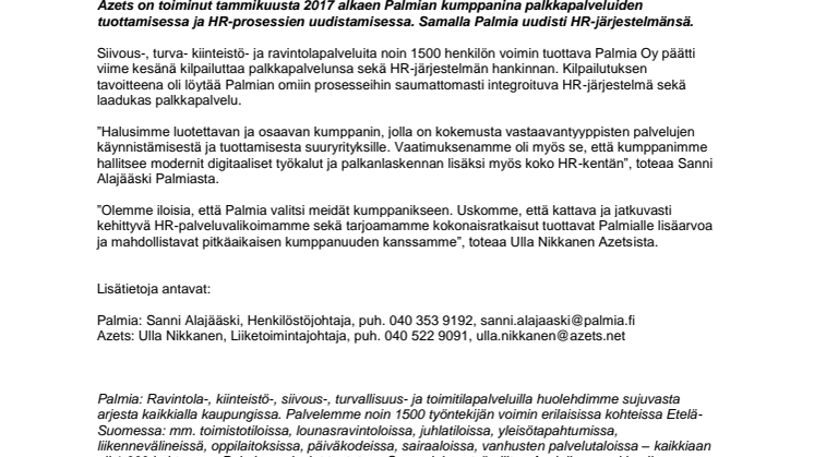 Palmia valitsi Azetsin palkkapalveluiden ulkoistuskumppanikseen ja HR-prosessiensa uudistamiseen
