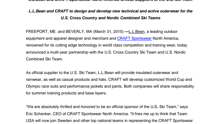 L.L.Bean and CRAFT Sportswear North America Official Suppliers of the U.S. Ski Team