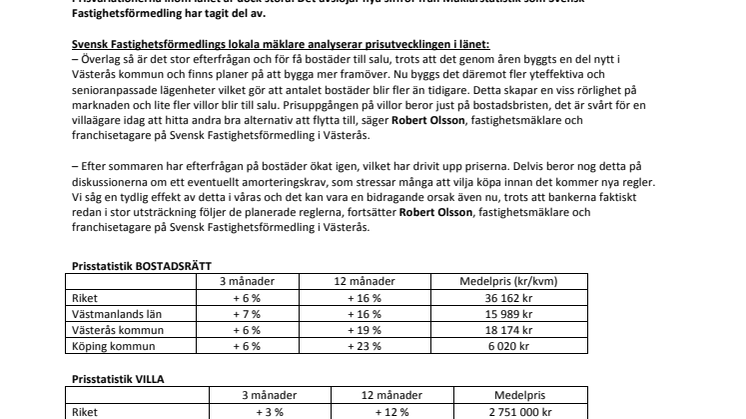 Fortsatt uppgång på bostadsmarknaden i Västmanland