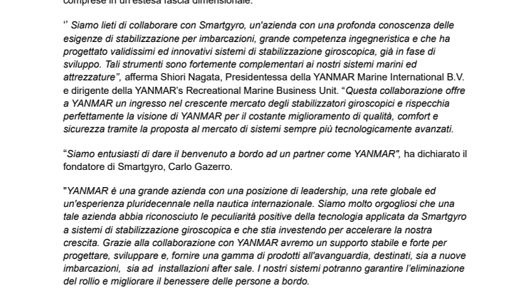 YANMAR e Smartgyro Annuncio di Partnership Strategica