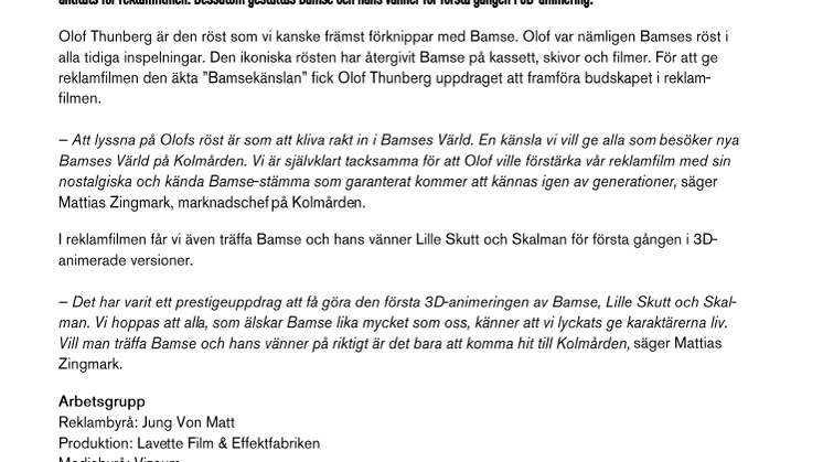 Känd nostalgisk Bamse-röst nu tillbaka i ny reklamfilm från Kolmården