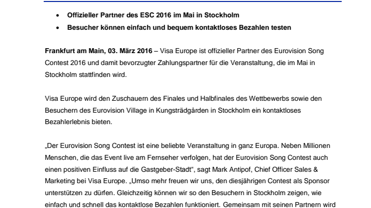 Visa Europe sponsert Eurovision Song Contest
