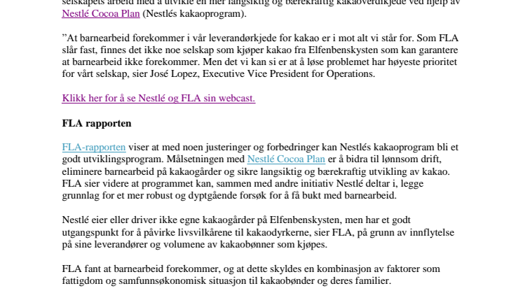 Nestlé iverksetter tiltak for å hindre barnearbeid ved kakaodyrking 