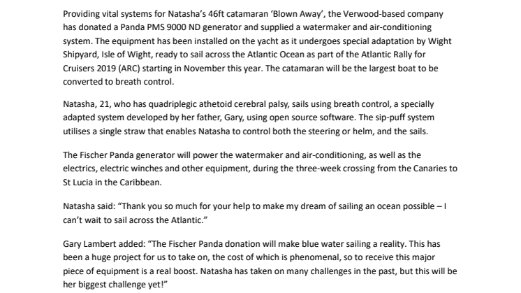 Fischer Panda UK Powers Natasha Lambert’s Atlantic Dream