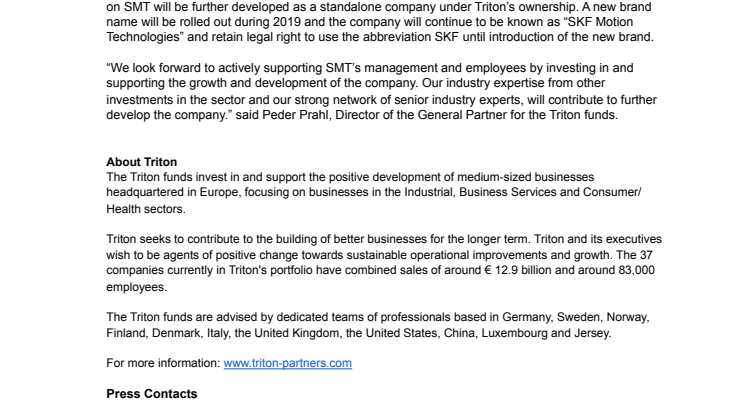 Triton completes acquisition of SKF Motion Technologies