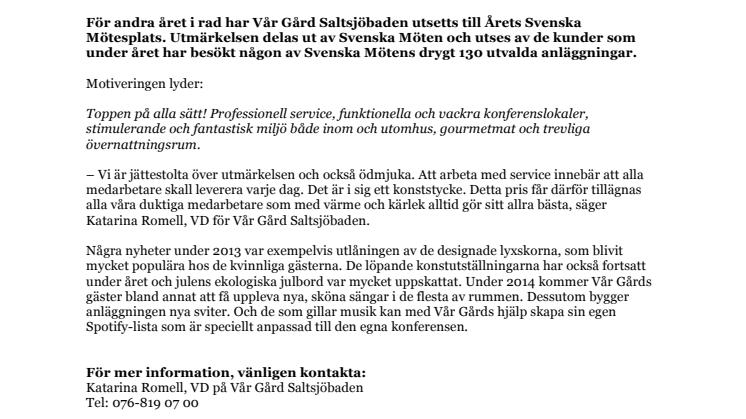Vår Gård Saltsjöbaden Årets Svenska Mötesplats för andra året i rad