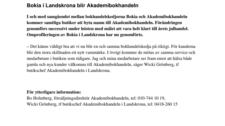 Bokia i Landskrona blir Akademibokhandeln 