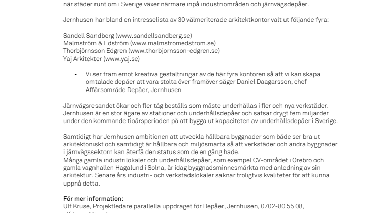 Arkitekter utsedda för parallella uppdrag för design av moderna och hållbara verkstadsbyggnader i järnvägsmiljö
