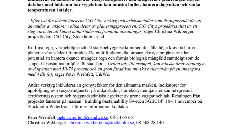 C/O City lanserar verktyg för urbana ekosystemtjänster