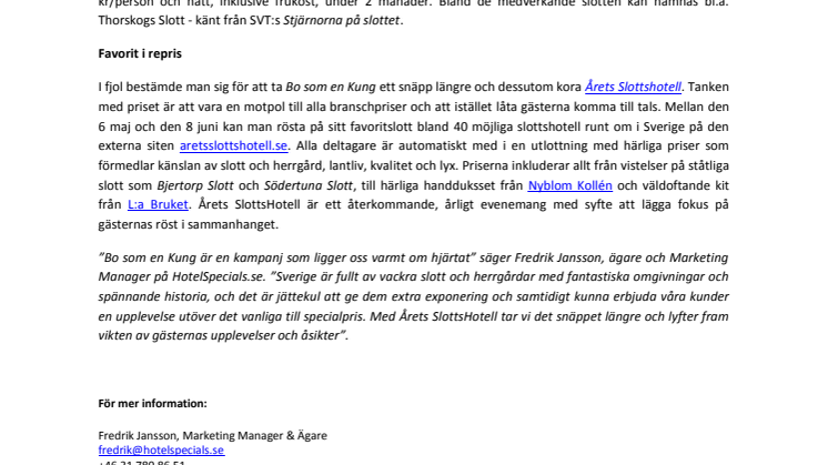 HotelSpecials.se upprepar succén med Årets SlottsHotell