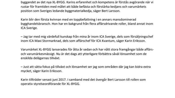 Karin Eriksson blir ny VD i XL-BYGG AB