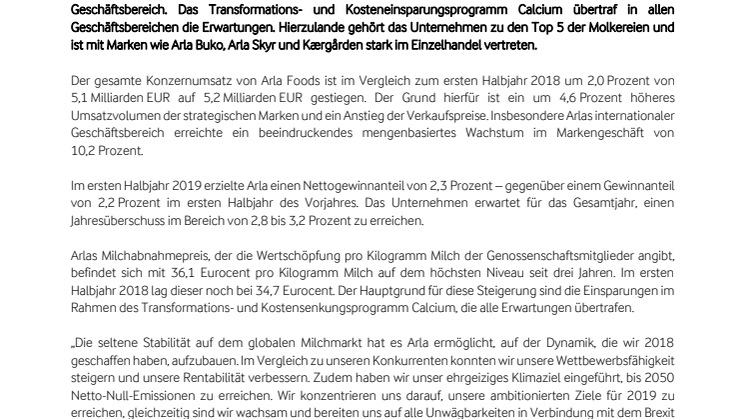 Halbjahresbilanz 2019: Arla Foods gewinnt weiter an Dynamik