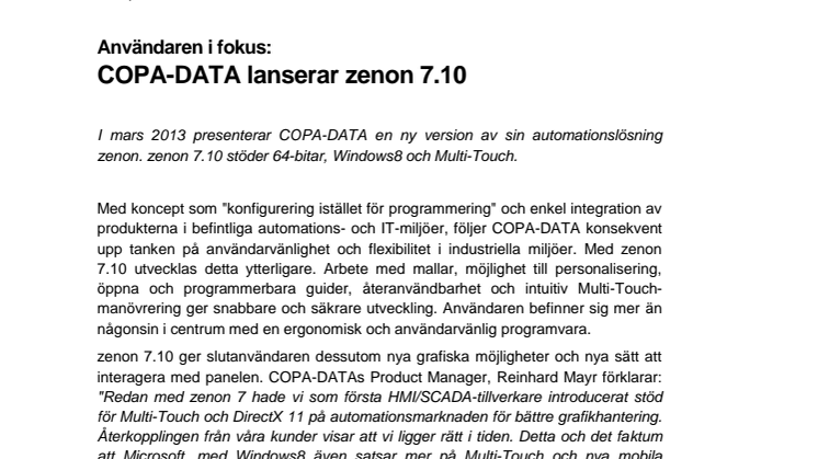 Användaren i fokus:  COPA-DATA lanserar zenon 7.10 HMI/SCADA