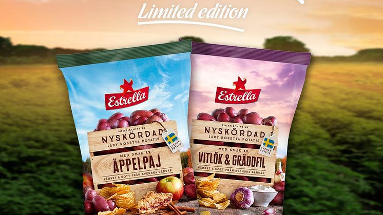 Estrella Nyskördad i smakerna Vitlök&Gräddfil och Äppelpaj 