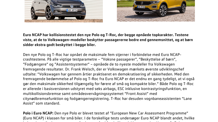 5 stjerner fra Euro NCAP til den nye Polo og T-Roc